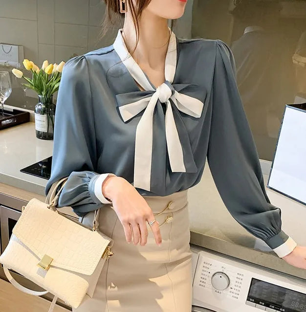 Women's Elegant Bow Blouse – Chic Office & Casual Long Sleeve Top