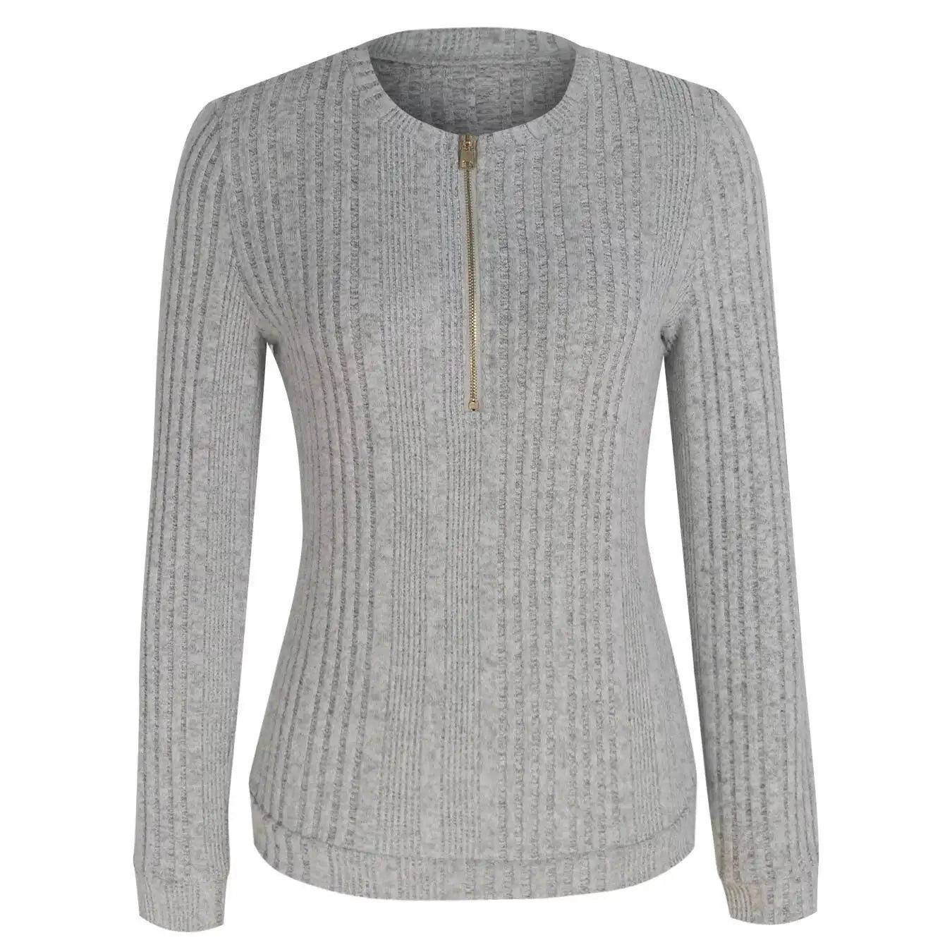 Gray ribbed sweater with a gold zipper on a White background