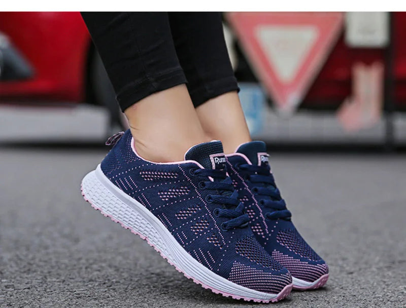 Women's Breathable Mesh Walking Shoes – Lightweight White Flat Sneakers