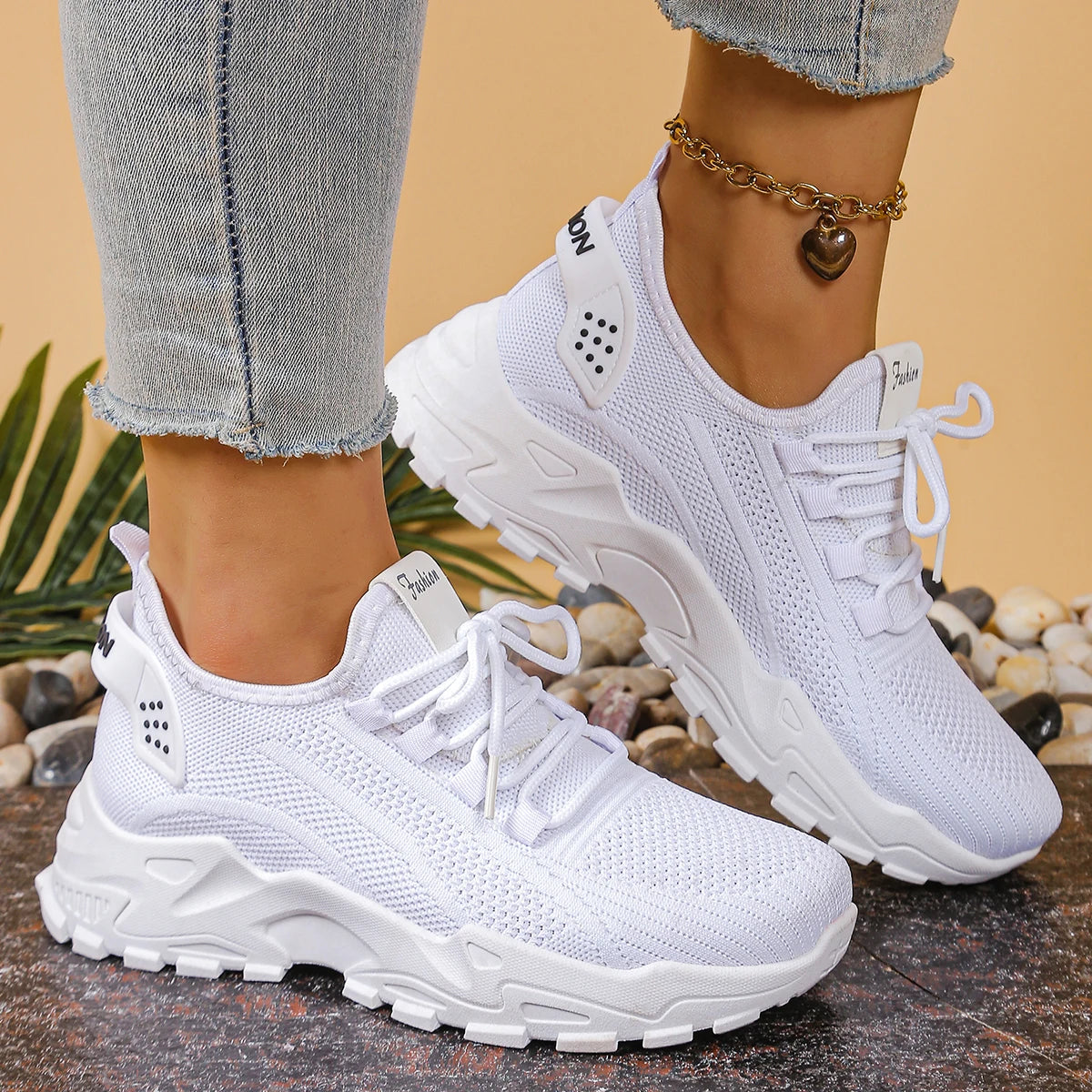 White Women's Breathable Mesh Sports Shoes – Soft Sole Casual Sneakers | Atlantis