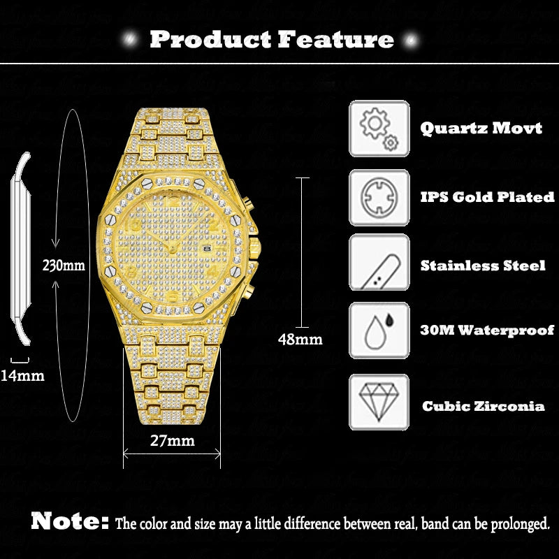 Men's Iced Diamond Gold Quartz Watch — Luxury Calendar Wristwatch