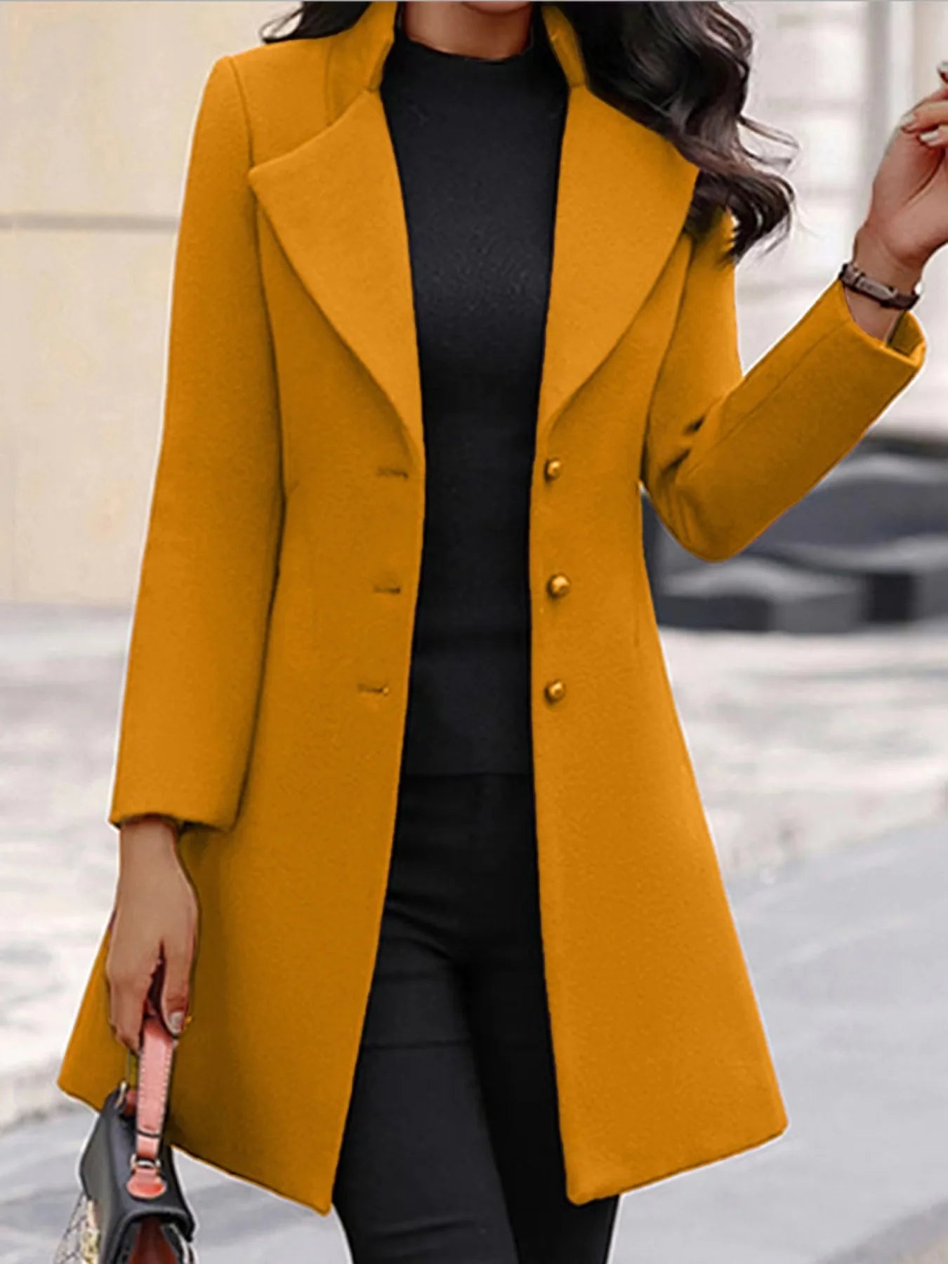 Women's Slim Fit Single-Breasted Wool Coat – Mid-Length Turn-Down Collar Outerwear