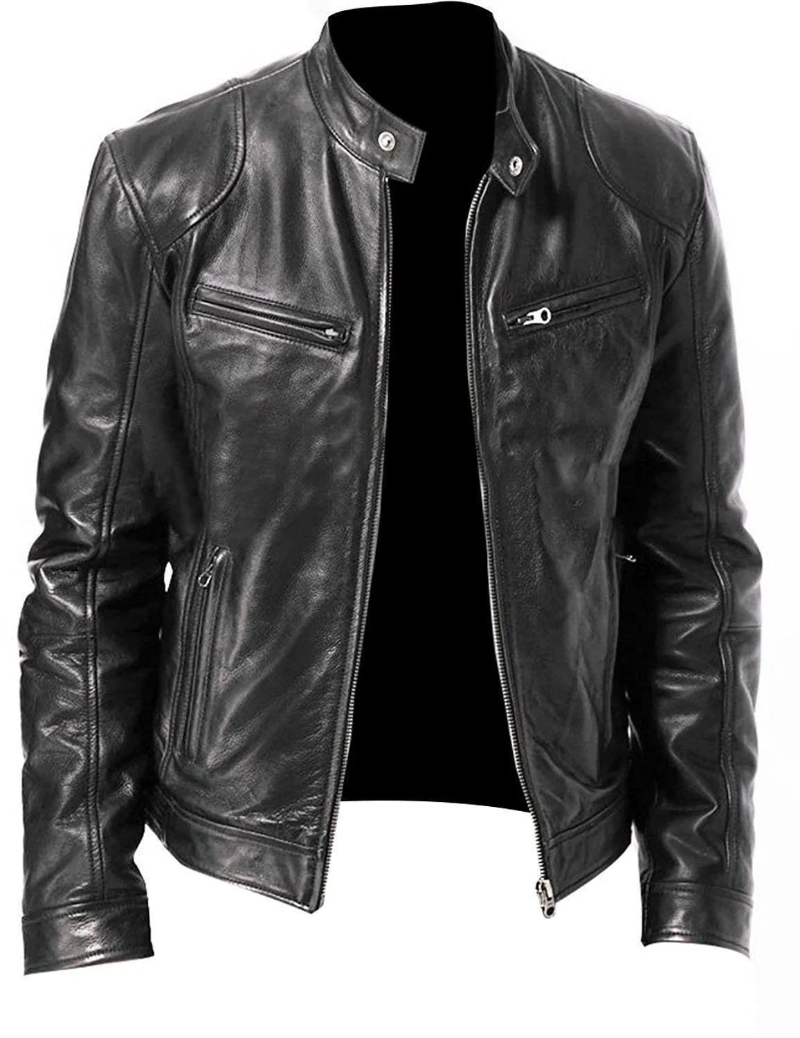 Atlantis Men's PU Leather Bomber Jacket in Black — Front View
