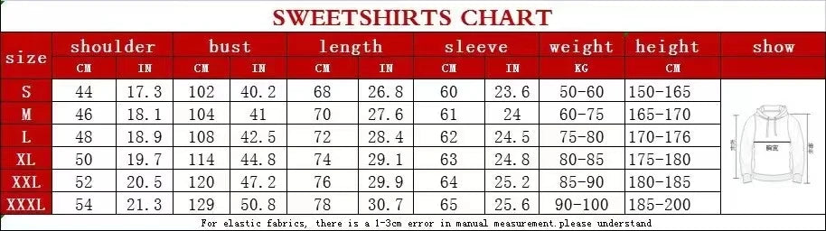 Sweatshirts size chart with measurements in centimeters and inches.