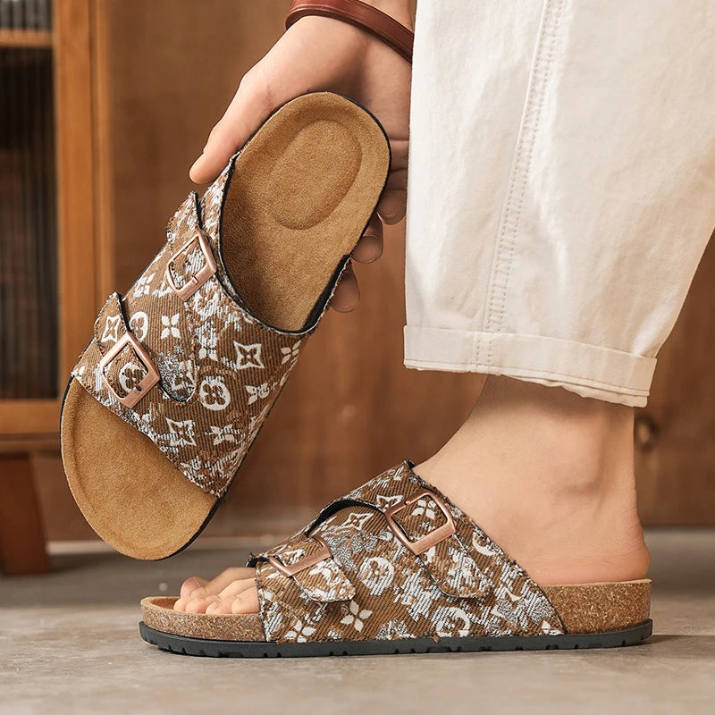 Men's Monogram Print Cork Sandals with Double Gold Buckles