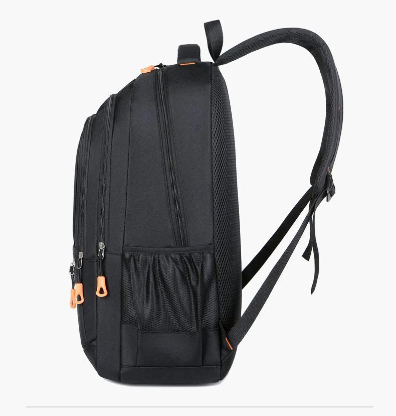 Black backpack with orange zippers on a White background