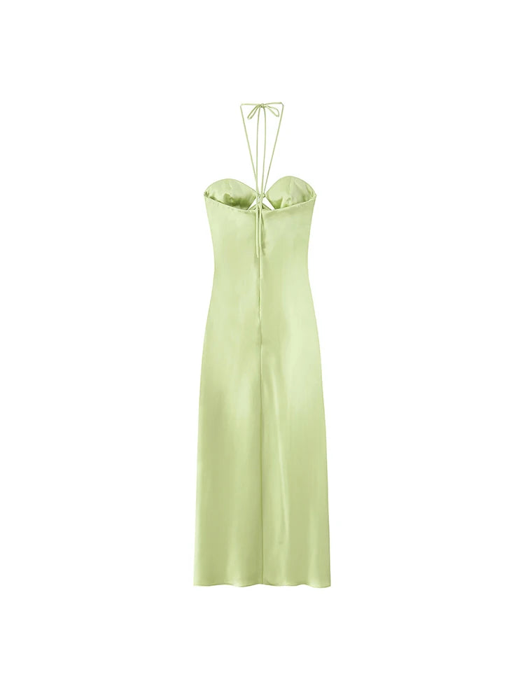 Satin Halter Neck Lace-Up Backless Midi Dress – Slim Fit Party Dress