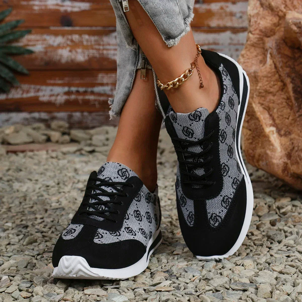 Women's Floral Lace-Up Sneakers – Flat Casual Walking Shoes