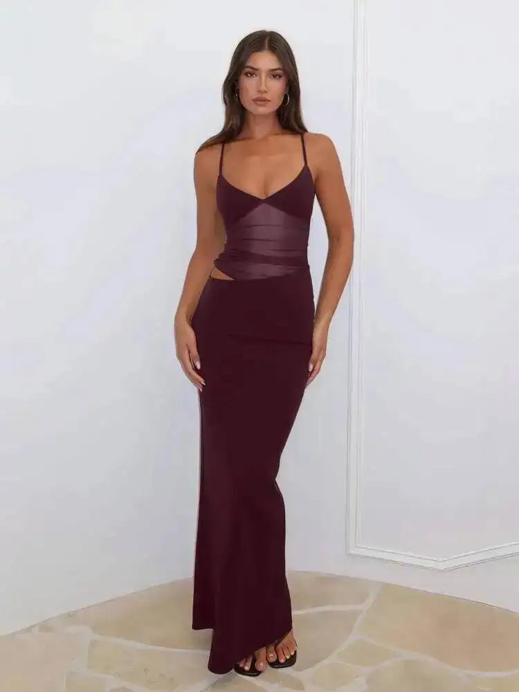 Mesh Splicing Backless Maxi Dress – Spaghetti Strap Summer Dress