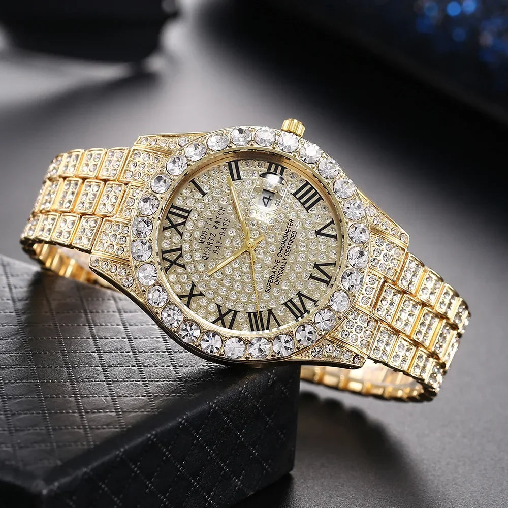 Men's Rhinestone Quartz Watch With Calendar Display
