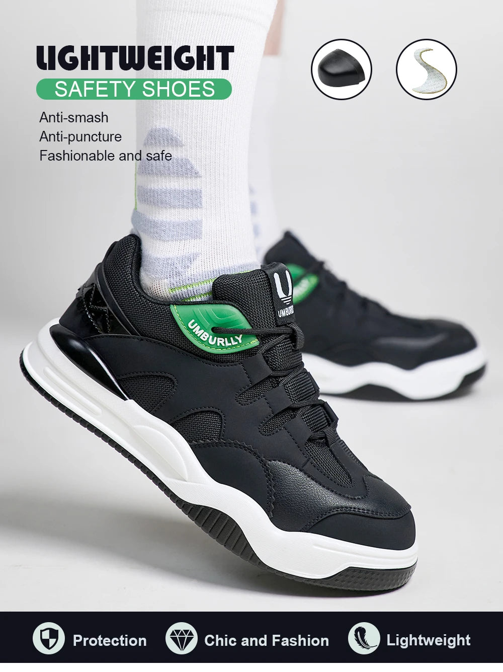 Black safety shoes with White soles on a light Gray background, featuring the brand 'Unigurlly'.