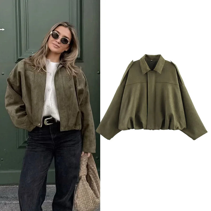 Women's Vintage Bomber Jacket – Loose Fit Long Sleeve Turn-Down Collar Coat