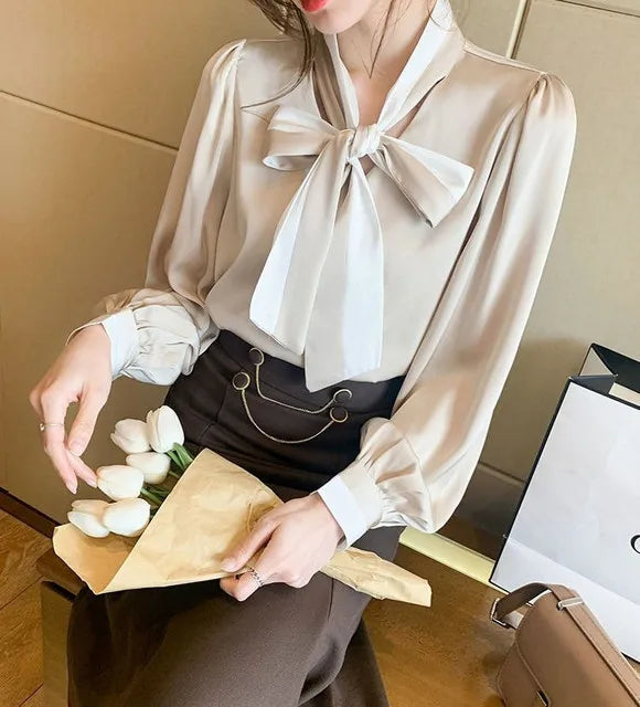Women's Elegant Bow Blouse – Chic Office & Casual Long Sleeve Top