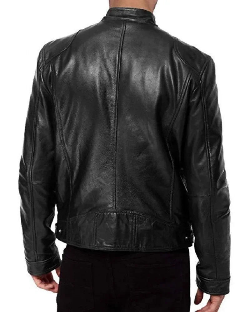 Atlantis Men's PU Leather Bomber Jacket in Black — Rear View
