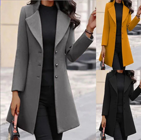 Women's Slim Fit Single-Breasted Wool Coat – Mid-Length Turn-Down Collar Outerwear