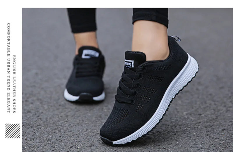 Women's Breathable Mesh Walking Shoes – Lightweight White Flat Sneakers