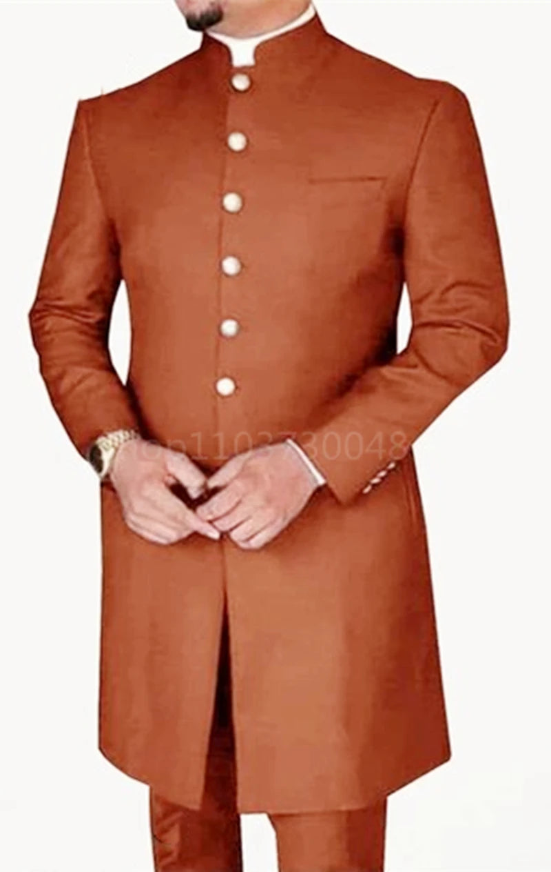 Brown traditional sherwani with White buttons on a plain background