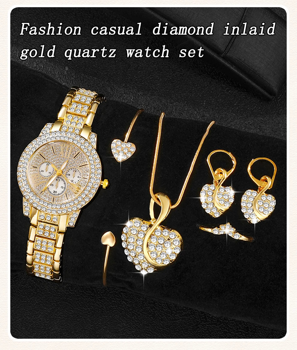 Gold diamond-inlaid watch and jewelry set on a Black background