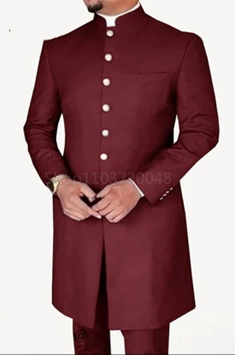 Maroon traditional outfit with buttons on a White background