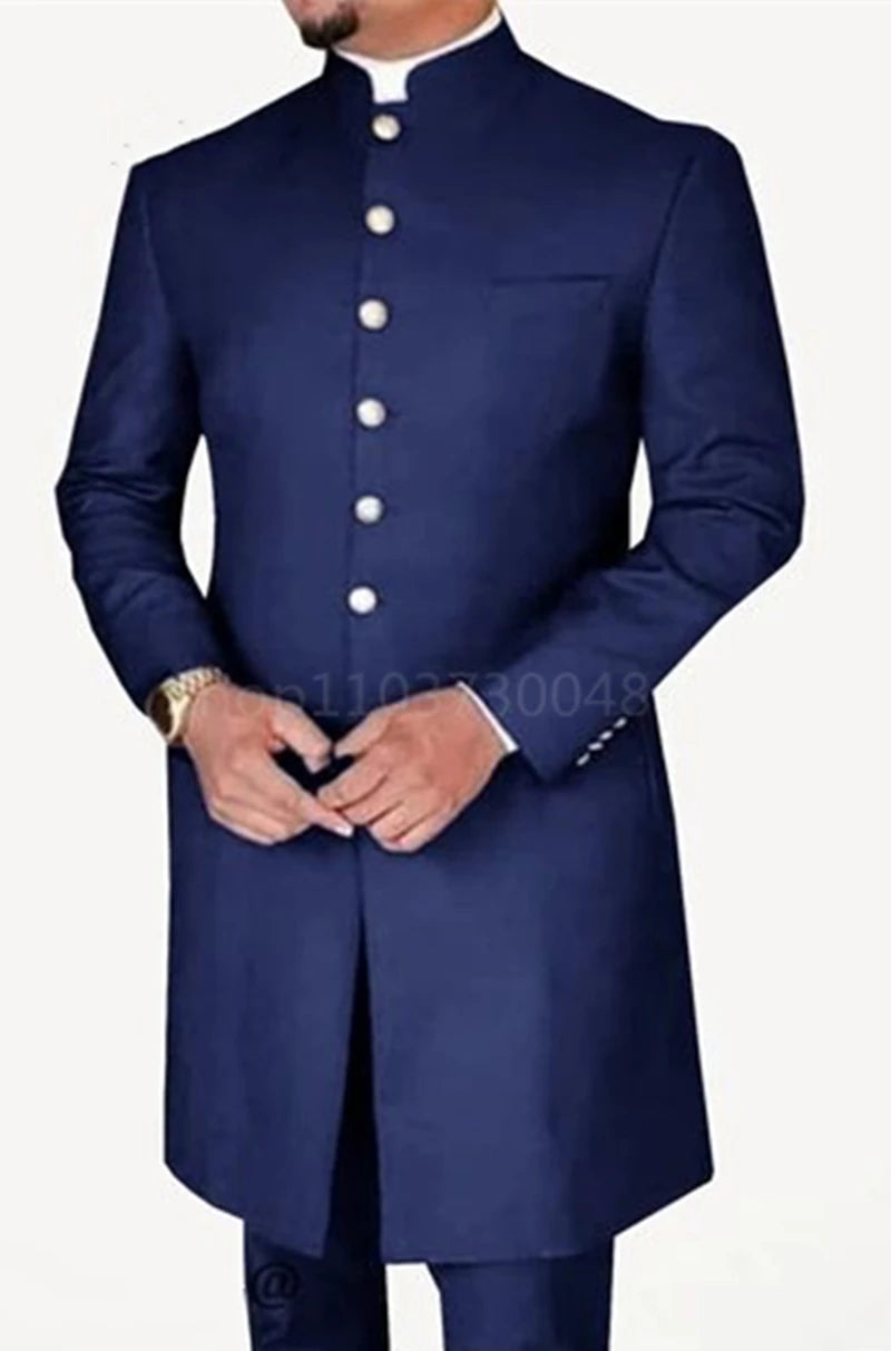 Navy Blue traditional coat with White buttons on a plain background