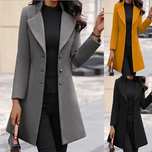 Women's Slim Fit Single-Breasted Wool Coat – Mid-Length Turn-Down Collar Outerwear