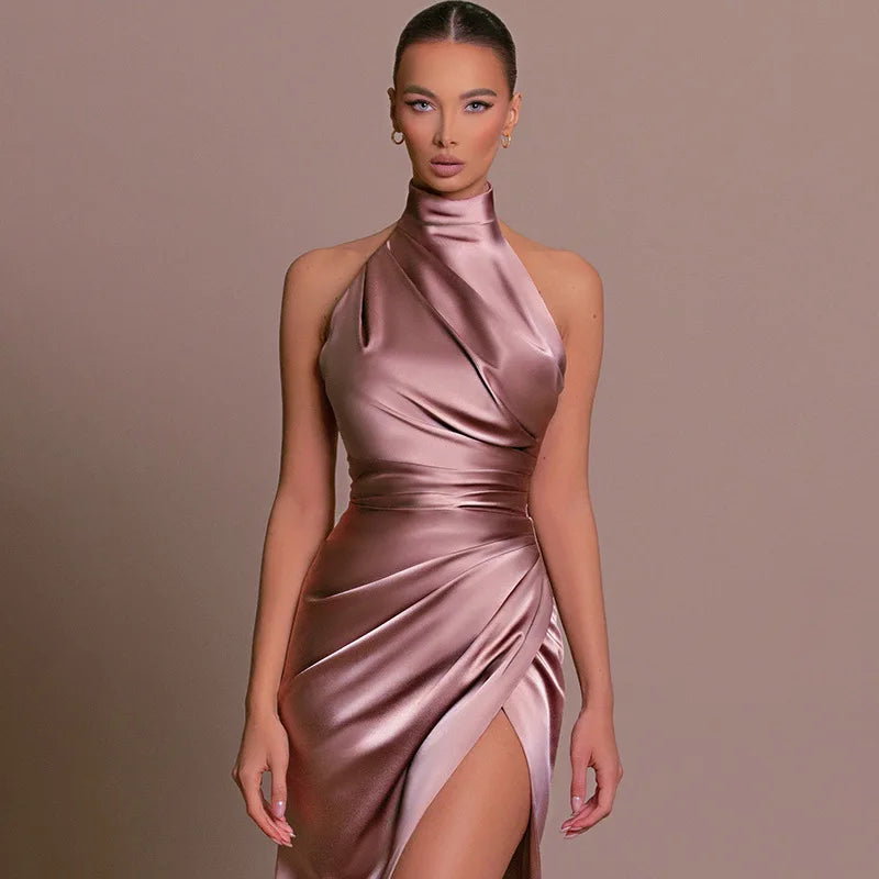 Women's Satin Halter Maxi Dress with High Slit