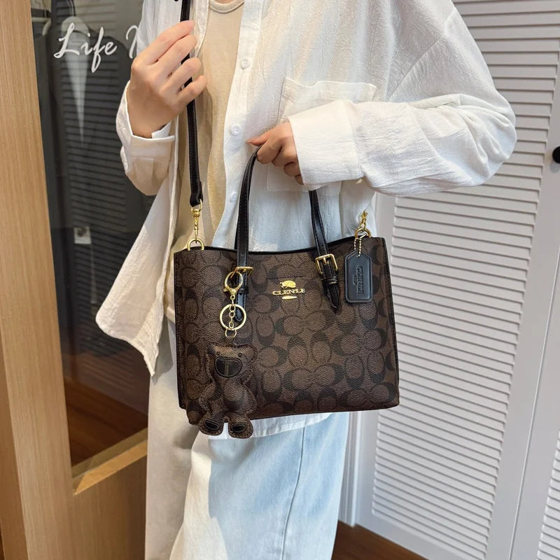 Women's Monogram Tote Bag – Retro Leather Trim with Detachable Strap