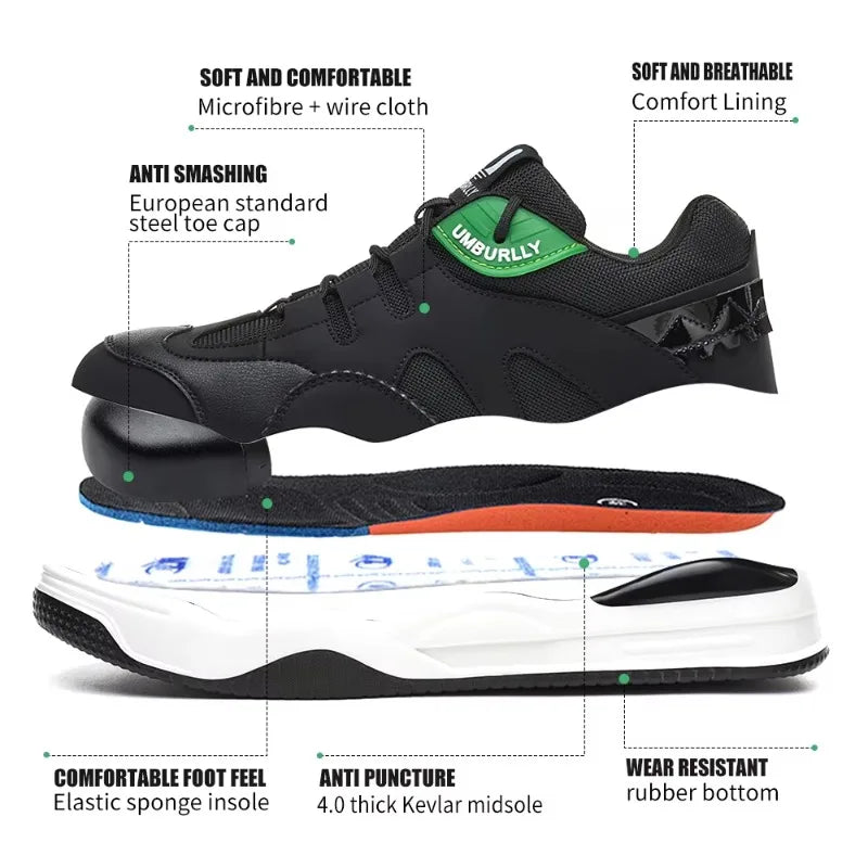 Black safety shoe with features highlighted on a White background
