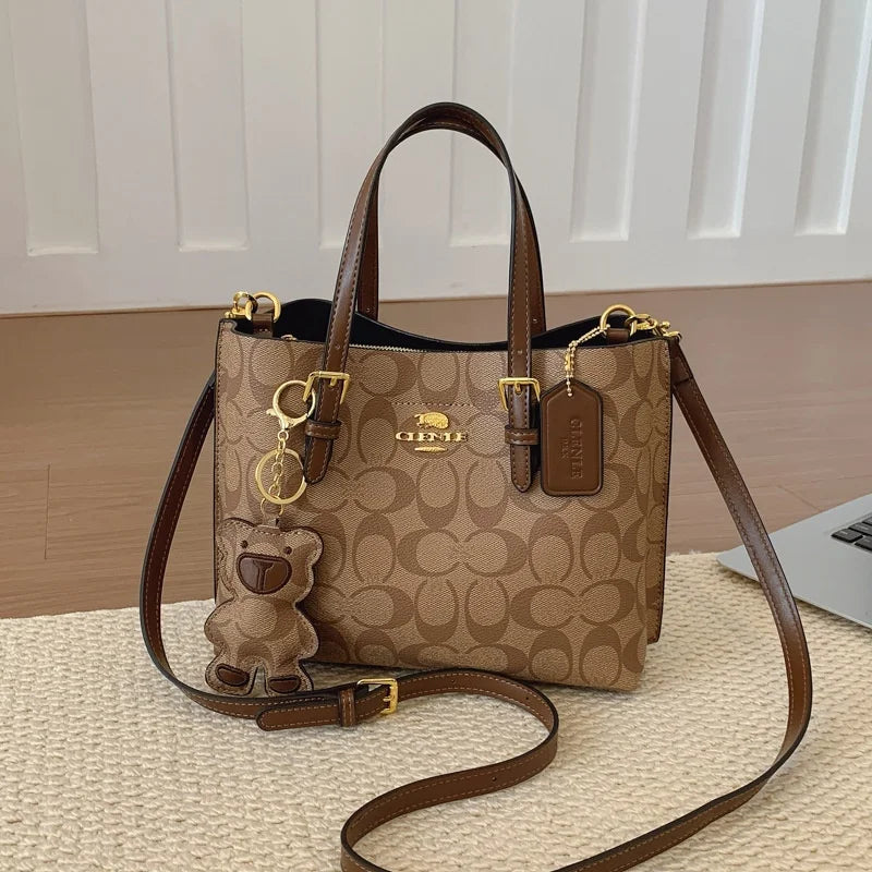 Women's Monogram Tote Bag – Retro Leather Trim with Detachable Strap