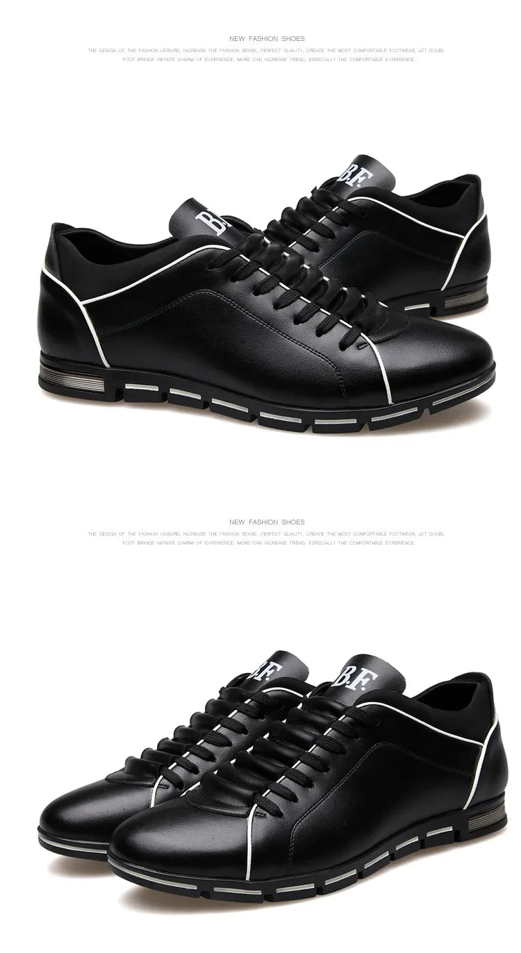Black leather shoes with White accents on a White background