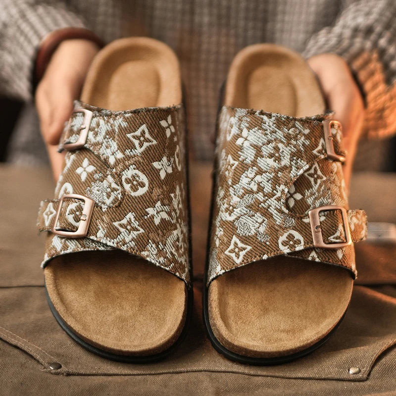 Men's Monogram Print Cork Sandals with Double Gold Buckles