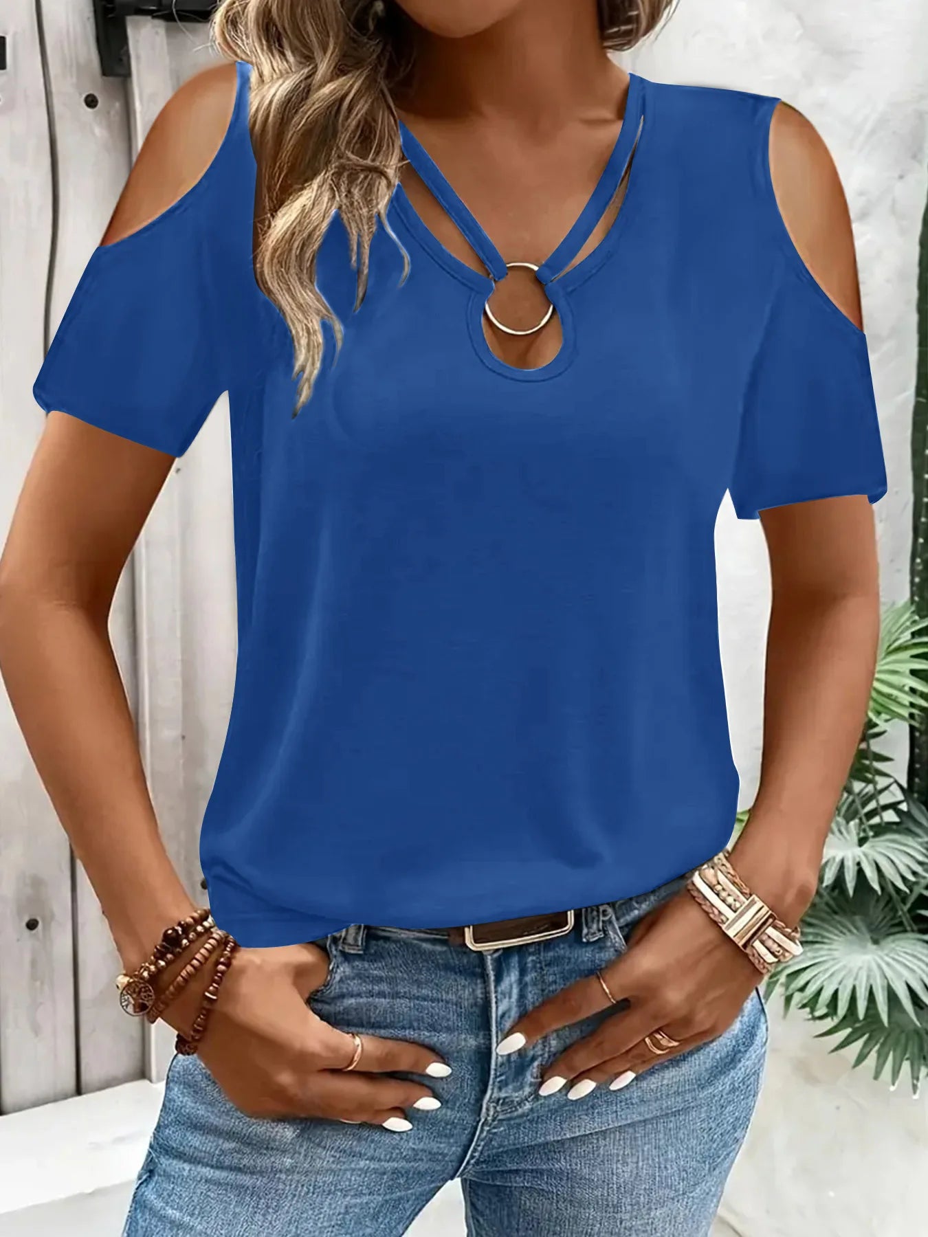 Blue Women's V-Neck Hollow Out Off-Shoulder Blouse – Short Sleeve Summer Top | Atlantis