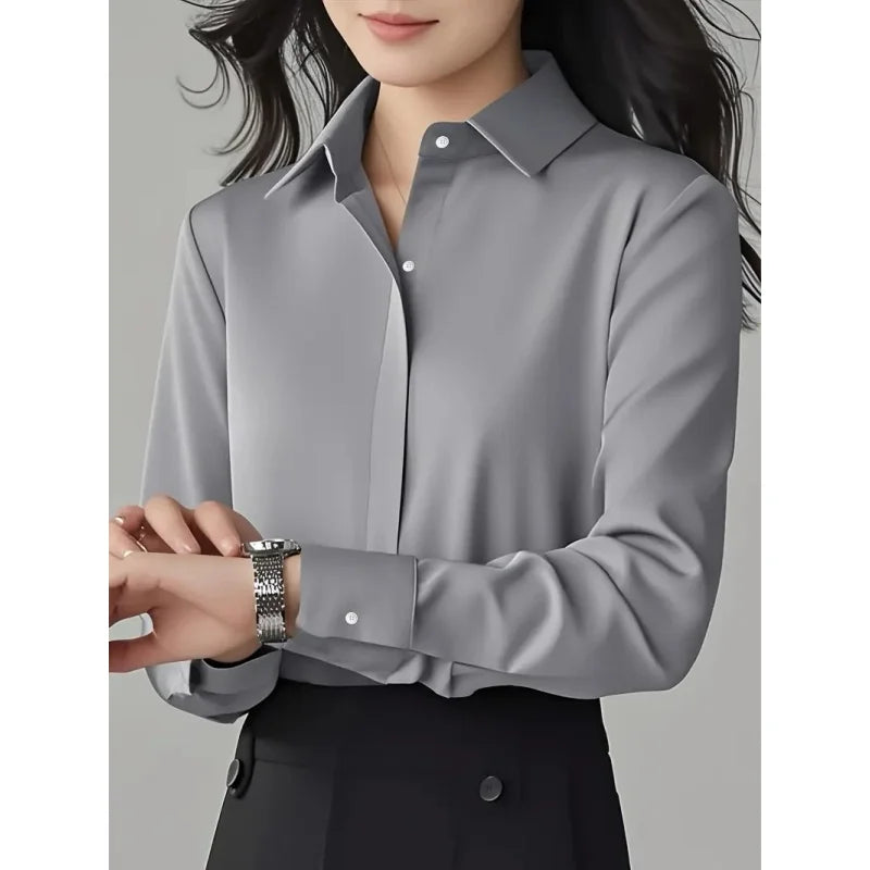 Women's Long-Sleeve Office Blouse – Solid Polyester Button-Up Top