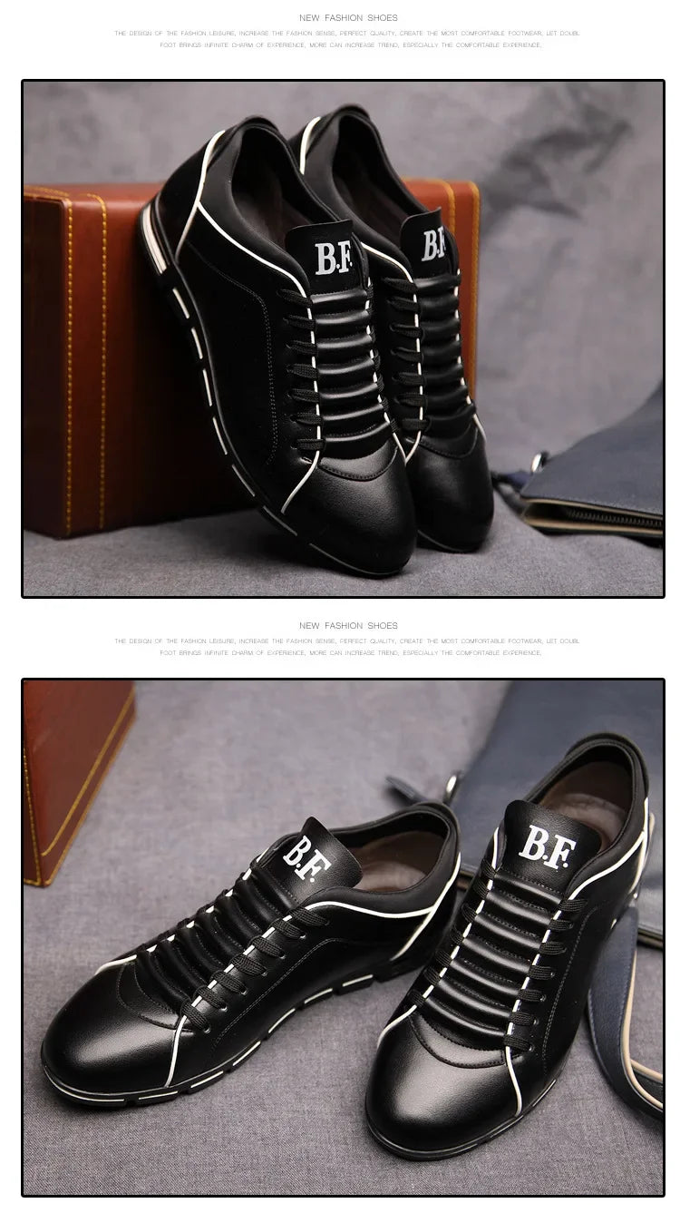 Black leather shoes with 'BF' branding on a Gray surface