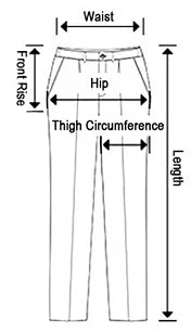 Diagram of pants with measurement labels for waist, front rise, hip, thigh circumference, and length.