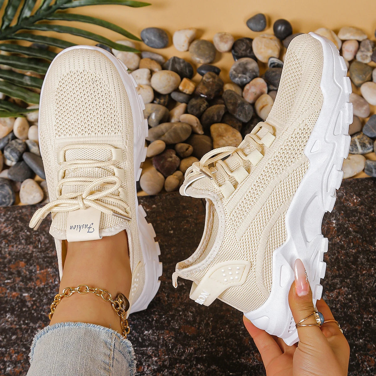 Beige Women's Breathable Mesh Sports Shoes – Soft Sole Casual Sneakers | Atlantis