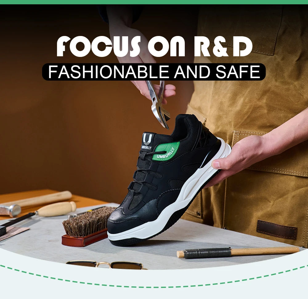 Person holding a Black sneaker with a Green label, surrounded by tools on a workbench.