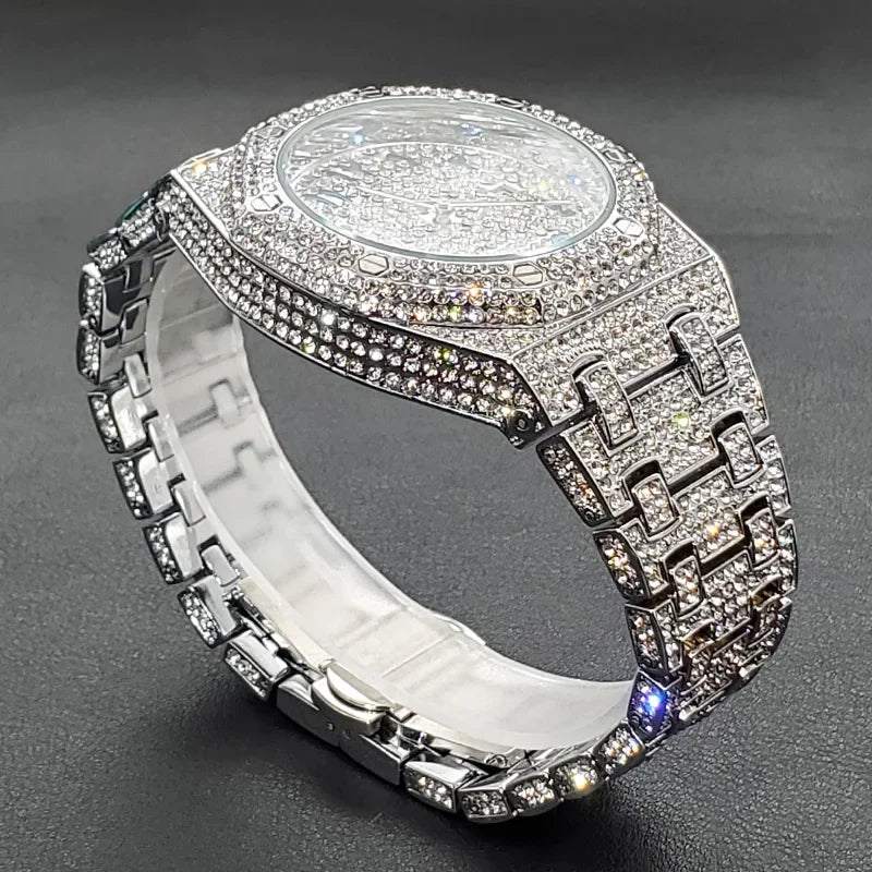 Fully Iced Diamond-Set Men's Watch — Octagonal Case, Arabic Numerals