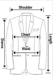 Diagram of a suit jacket with measurements labeled for size, chest, waist, and length.