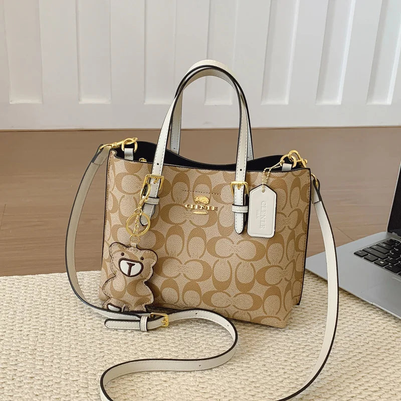 Women's Monogram Tote Bag – Retro Leather Trim with Detachable Strap