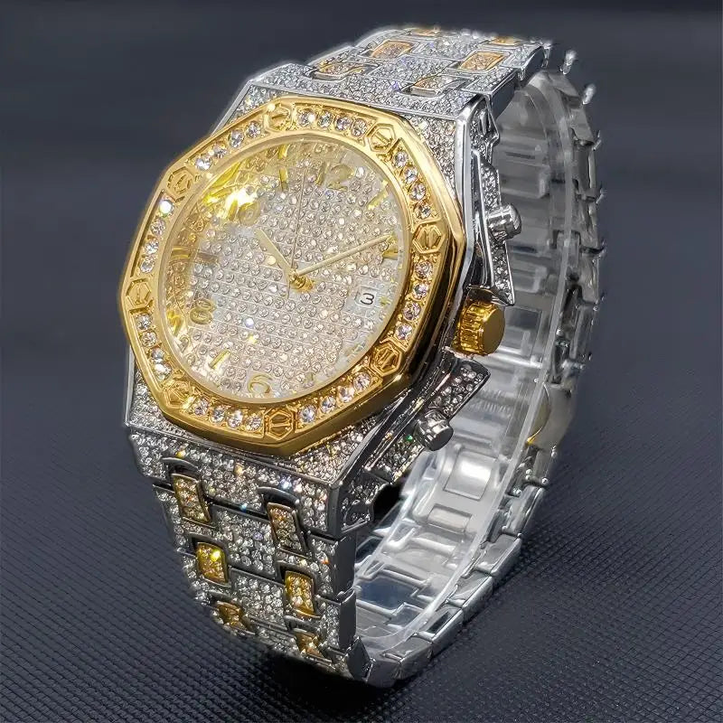 Men's Iced Diamond Gold Quartz Watch — Luxury Calendar Wristwatch