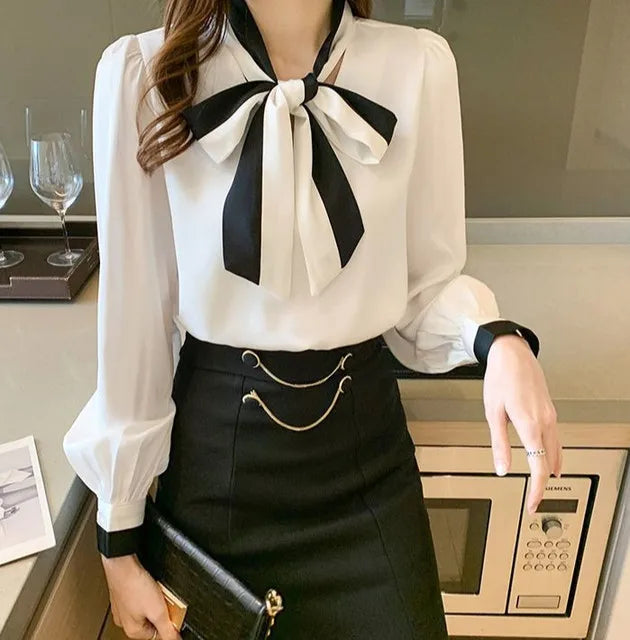 Women's Elegant Bow Blouse – Chic Office & Casual Long Sleeve Top
