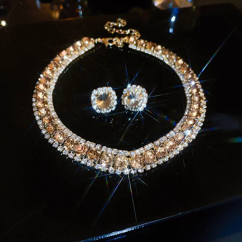Women's Luxury Crystal Necklace & Earrings Set – Geometric Wedding Jewelry