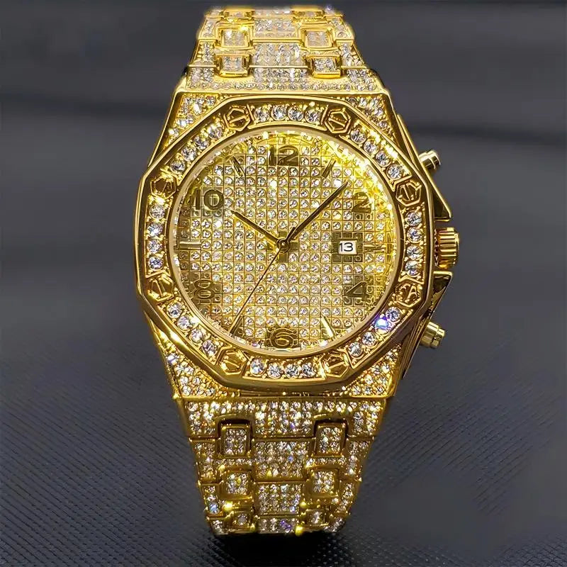 Men's Iced Diamond Gold Quartz Watch — Luxury Calendar Wristwatch