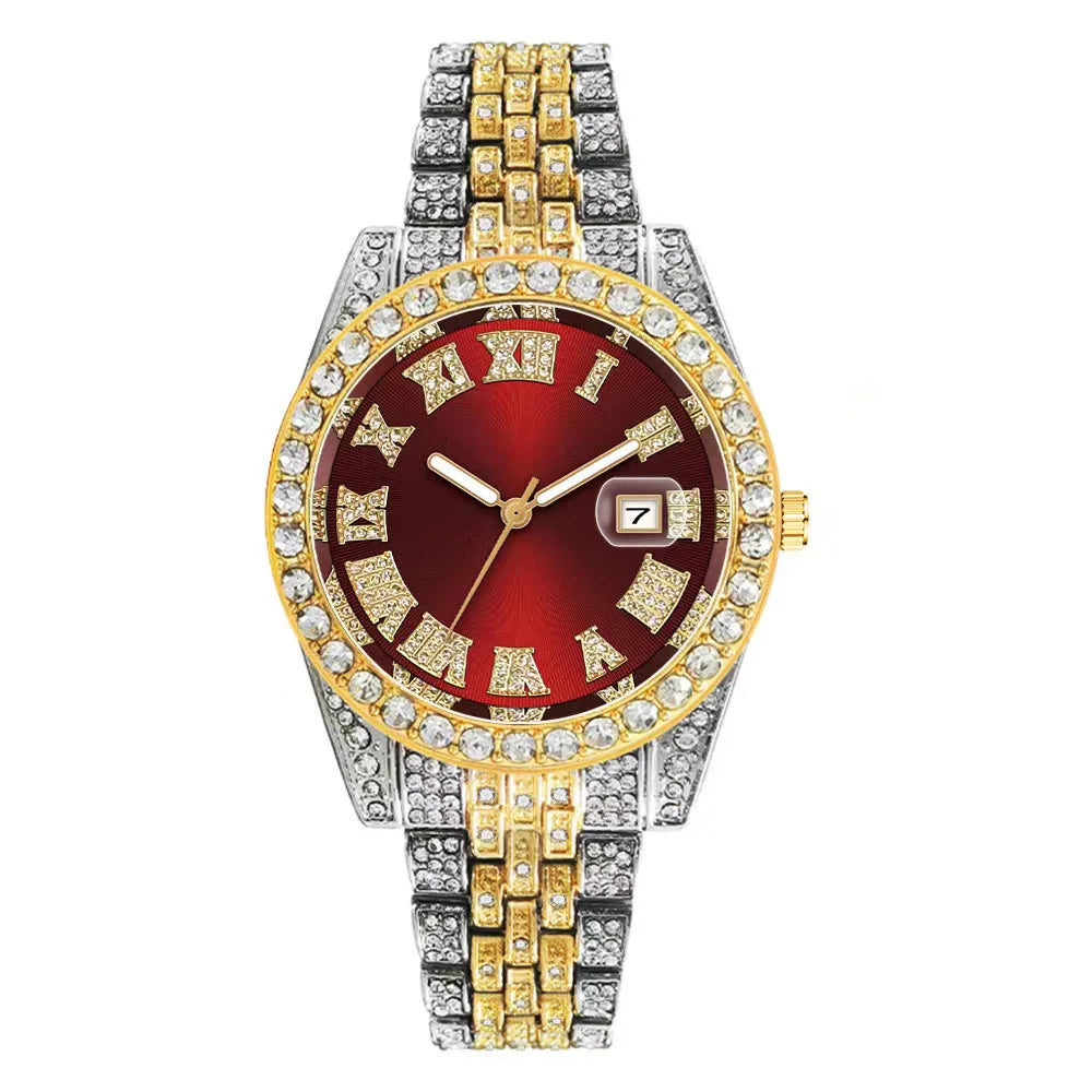 Iced Out Rhinestone Calendar Watch for Men — Gold & Silver Two-Tone