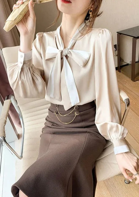 Women's Elegant Bow Blouse – Chic Office & Casual Long Sleeve Top