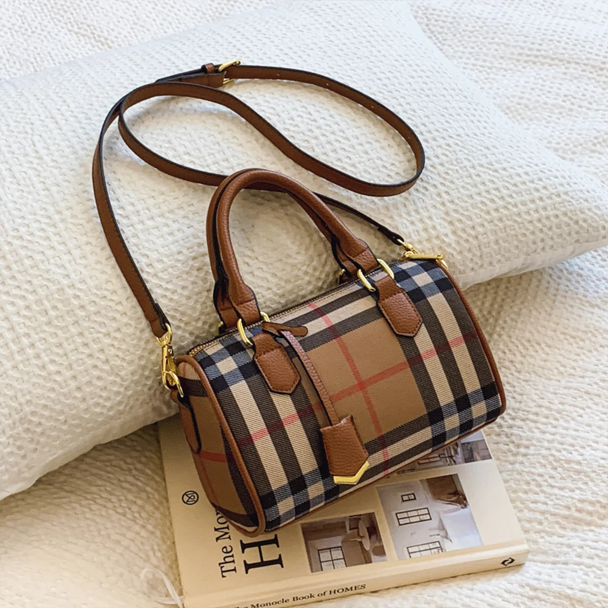 Classic Stripe Plaid Barrel Bag | Large Capacity Crossbody Tote