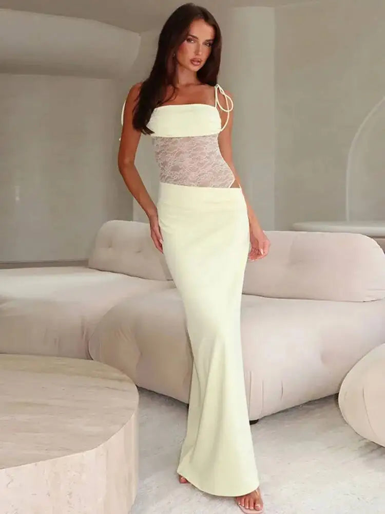 Mesh Splicing Backless Maxi Dress – Spaghetti Strap Summer Dress