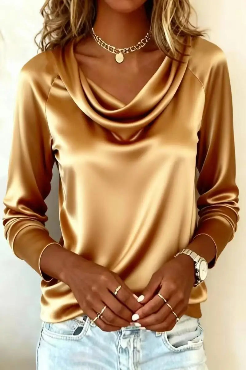 Women's Luxurious Silk-Like Draping Long Sleeve Top – Elegant Satin Blouse