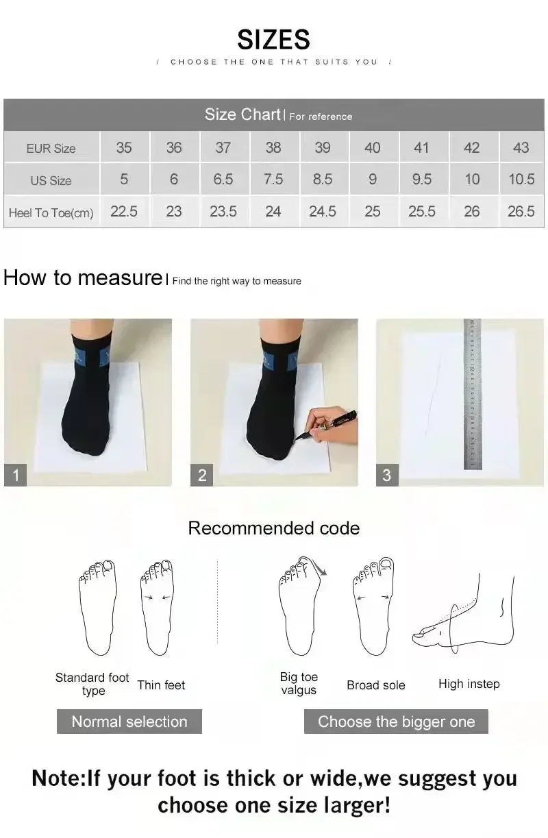 Size chart and measurement guide for socks with visual instructions on how to measure feet.